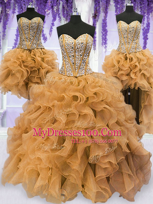 Four Piece Gold Ball Gowns Beading and Ruffles Quinceanera Gowns Lace Up Organza Sleeveless Floor Length