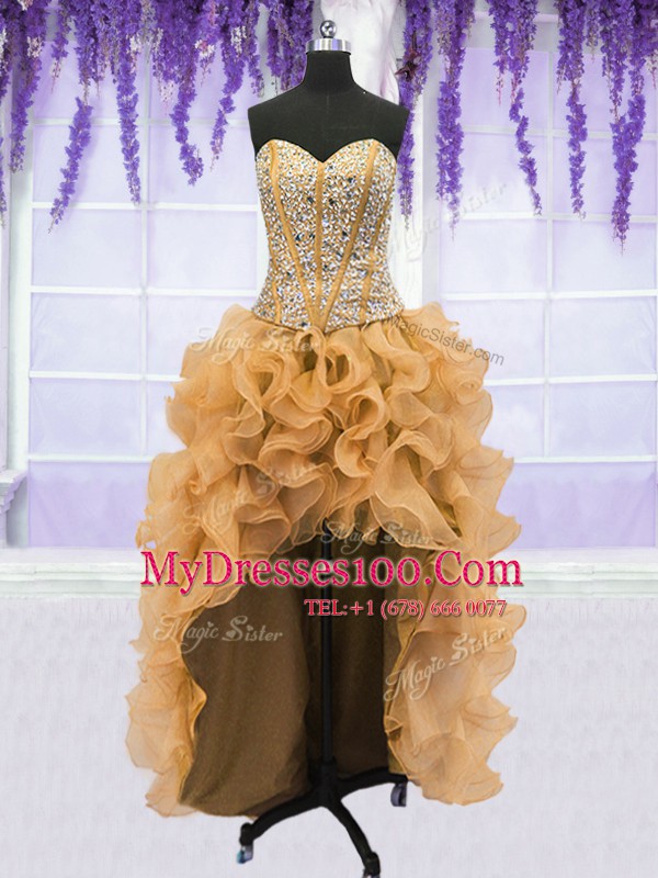 Four Piece Gold Ball Gowns Beading and Ruffles Quinceanera Gowns Lace Up Organza Sleeveless Floor Length