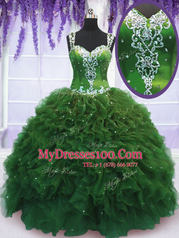 Green Ball Gowns Tulle Straps Sleeveless Beading and Ruffles Floor Length Zipper Sweet 16 Quinceanera Dress
