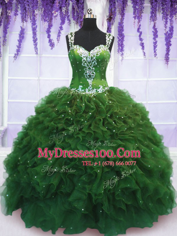 Green Ball Gowns Tulle Straps Sleeveless Beading and Ruffles Floor Length Zipper Sweet 16 Quinceanera Dress