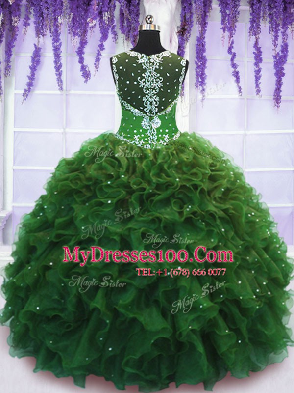 Green Ball Gowns Tulle Straps Sleeveless Beading and Ruffles Floor Length Zipper Sweet 16 Quinceanera Dress