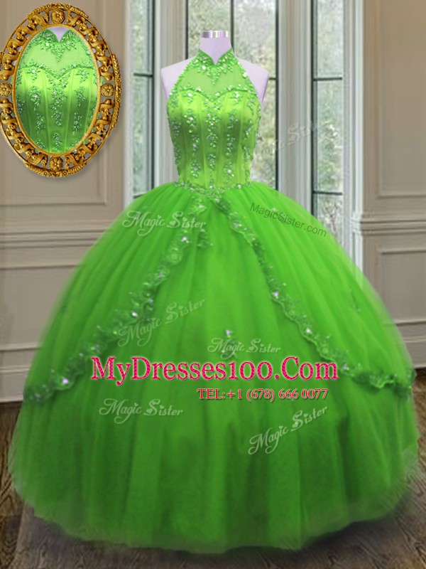 Halter Top Neckline Beading and Appliques Quince Ball Gowns Sleeveless Lace Up