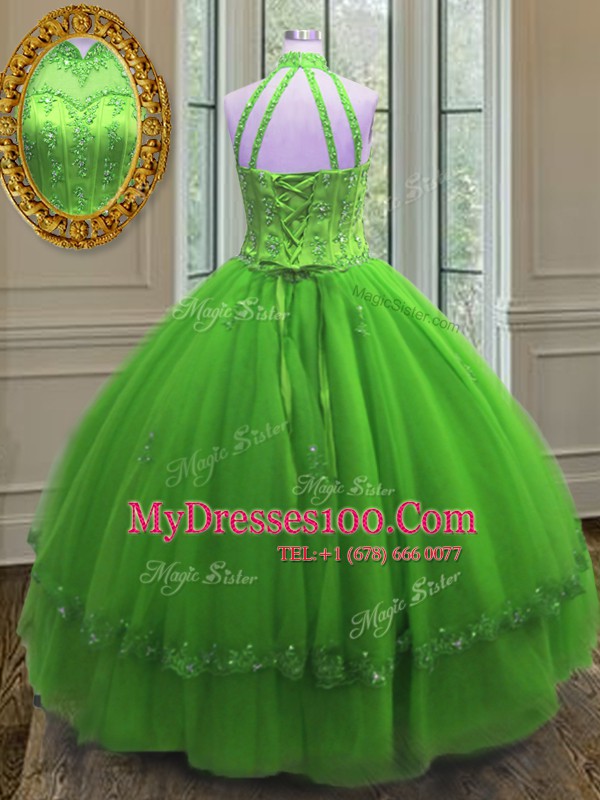 Halter Top Neckline Beading and Appliques Quince Ball Gowns Sleeveless Lace Up