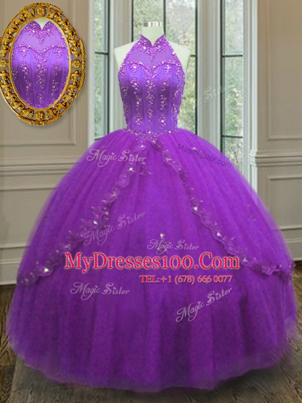 Tulle Sleeveless Floor Length Vestidos de Quinceanera and Beading and Appliques