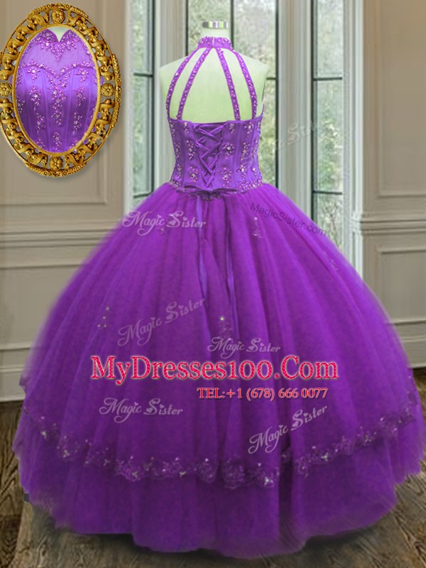 Tulle Sleeveless Floor Length Vestidos de Quinceanera and Beading and Appliques