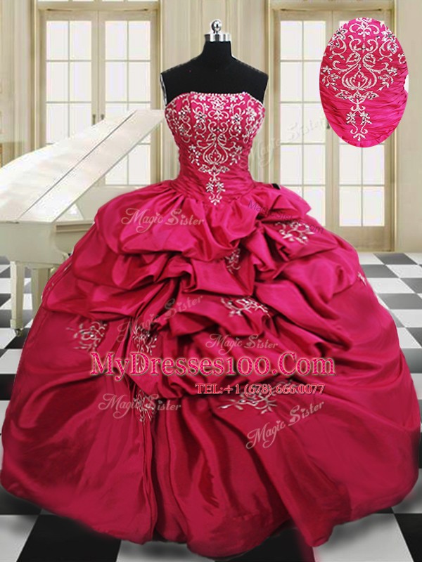 Custom Design Hot Pink Taffeta Lace Up Ball Gown Prom Dress Sleeveless Floor Length Beading and Embroidery and Pick Ups