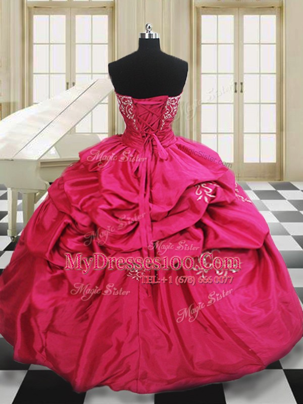 Custom Design Hot Pink Taffeta Lace Up Ball Gown Prom Dress Sleeveless Floor Length Beading and Embroidery and Pick Ups