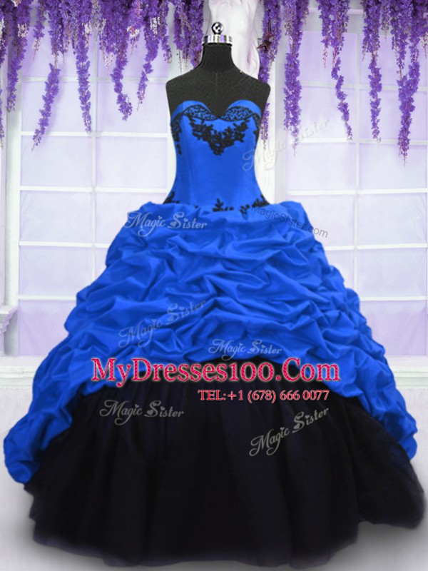 Luxury Royal Blue Taffeta Lace Up Sweetheart Sleeveless With Train Sweet 16 Dress Sweep Train Appliques and Pick Ups