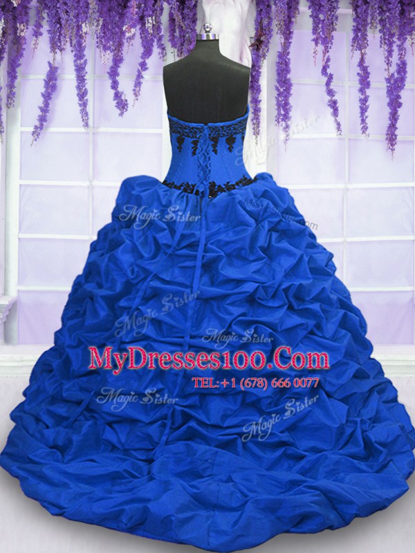 Luxury Royal Blue Taffeta Lace Up Sweetheart Sleeveless With Train Sweet 16 Dress Sweep Train Appliques and Pick Ups