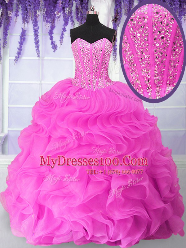 Charming Sleeveless Floor Length Beading and Ruffles Lace Up Quinceanera Gown with Fuchsia