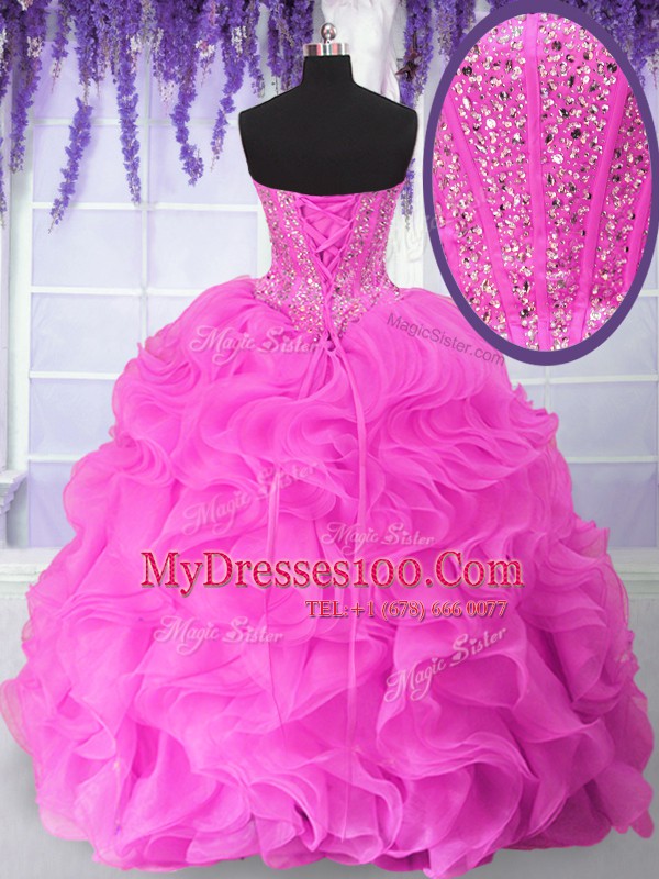 Charming Sleeveless Floor Length Beading and Ruffles Lace Up Quinceanera Gown with Fuchsia