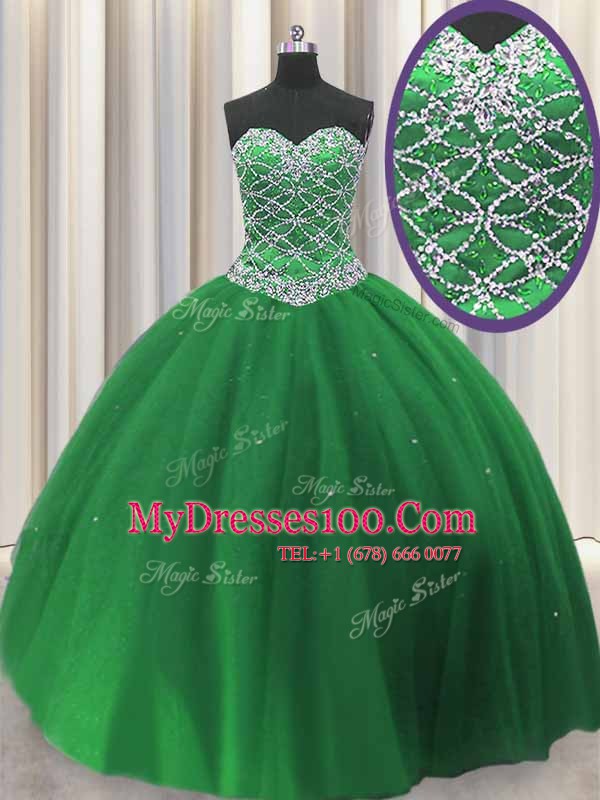 Green Ball Gowns Sweetheart Sleeveless Tulle Floor Length Lace Up Beading Quinceanera Gowns