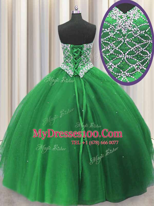 Green Ball Gowns Sweetheart Sleeveless Tulle Floor Length Lace Up Beading Quinceanera Gowns