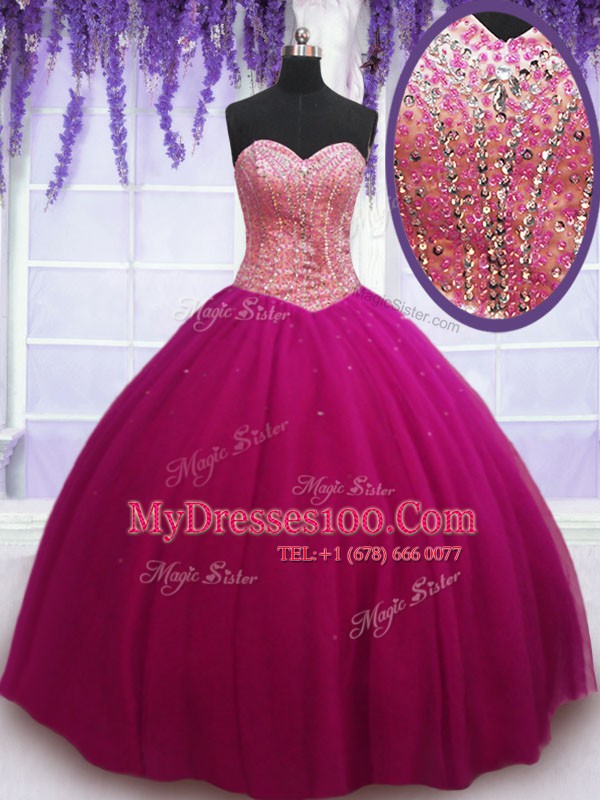 Gorgeous Sleeveless Tulle Floor Length Lace Up Vestidos de Quinceanera in Hot Pink with Beading