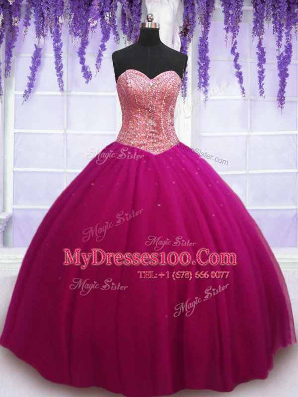 Gorgeous Sleeveless Tulle Floor Length Lace Up Vestidos de Quinceanera in Hot Pink with Beading