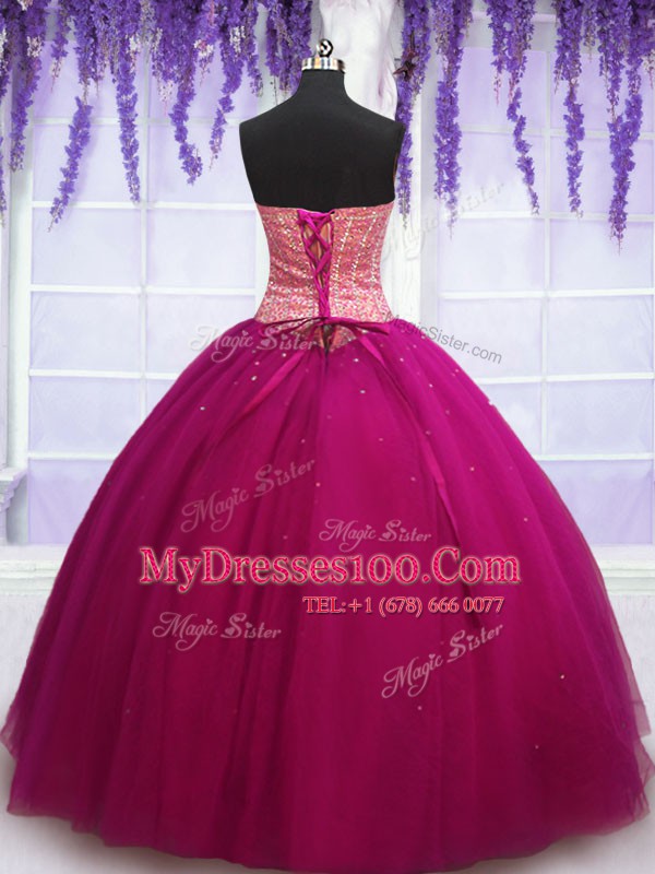 Gorgeous Sleeveless Tulle Floor Length Lace Up Vestidos de Quinceanera in Hot Pink with Beading