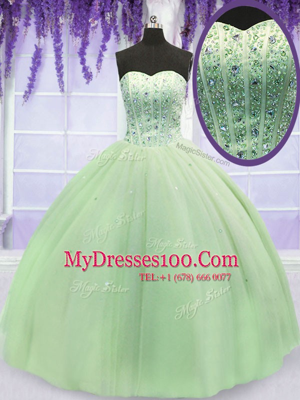 Elegant Yellow Green Lace Up Sweetheart Beading Sweet 16 Dresses Tulle Sleeveless