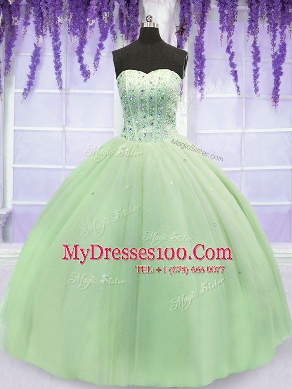 Elegant Yellow Green Lace Up Sweetheart Beading Sweet 16 Dresses Tulle Sleeveless