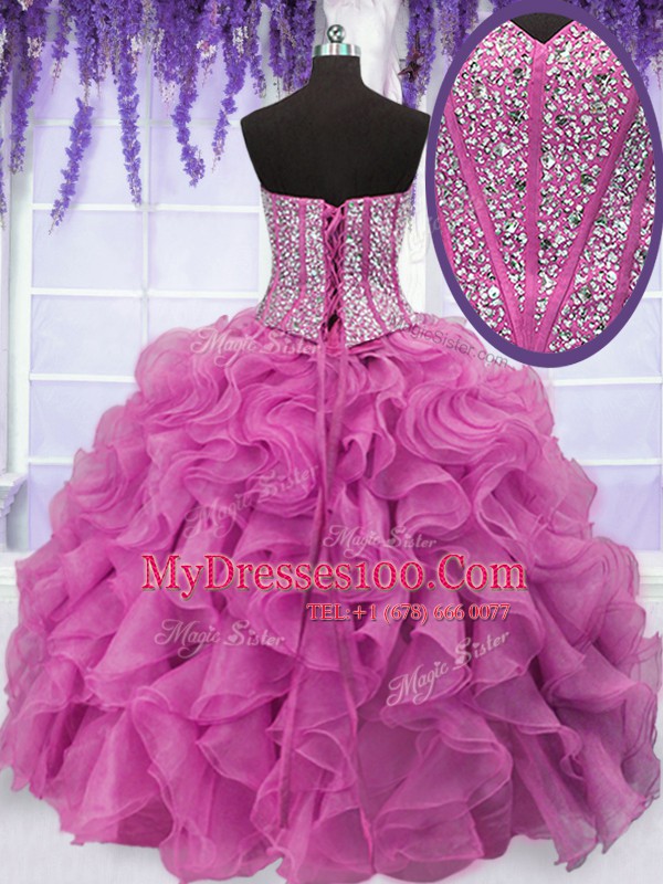 Flare Hot Pink Ball Gowns Beading and Ruffles Sweet 16 Quinceanera Dress Lace Up Organza Sleeveless Floor Length