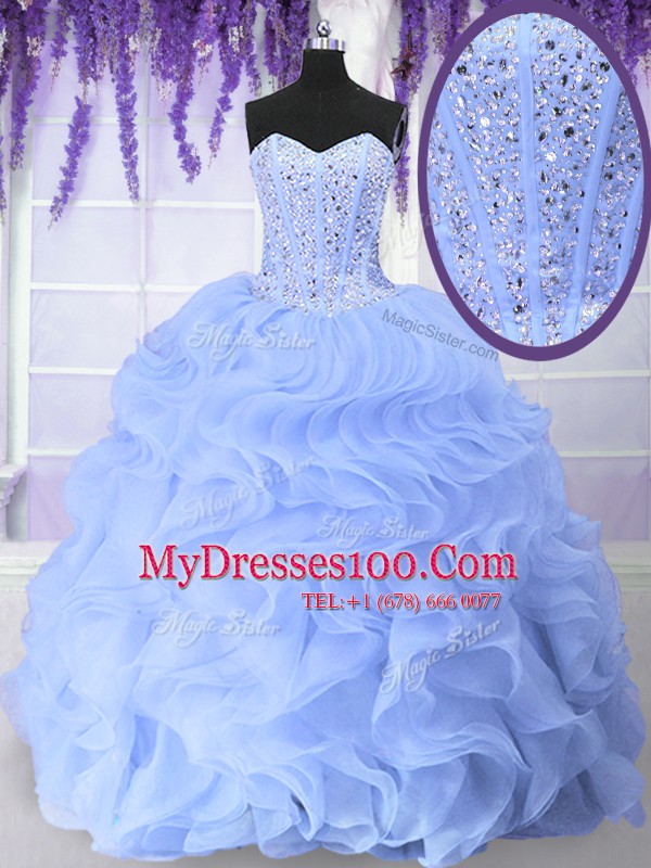 Floor Length Light Blue Quinceanera Dresses Organza Sleeveless Beading and Ruffles