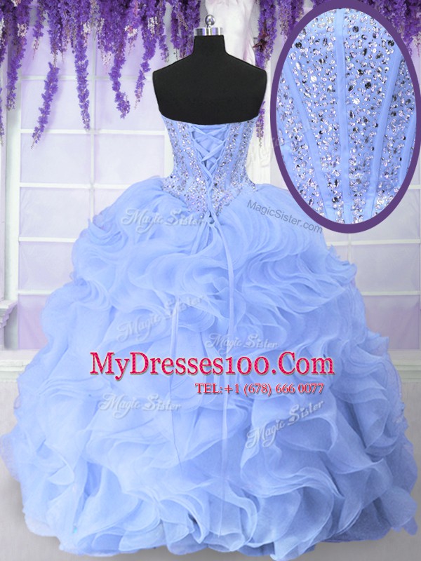 Floor Length Light Blue Quinceanera Dresses Organza Sleeveless Beading and Ruffles