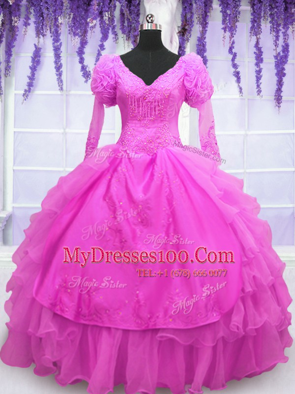 Popular Hot Pink Ball Gowns Beading and Embroidery and Hand Made Flower Ball Gown Prom Dress Lace Up Organza Long Sleeves Floor Length
