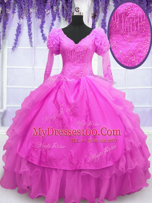 Popular Hot Pink Ball Gowns Beading and Embroidery and Hand Made Flower Ball Gown Prom Dress Lace Up Organza Long Sleeves Floor Length