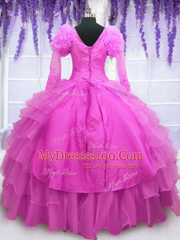 Popular Hot Pink Ball Gowns Beading and Embroidery and Hand Made Flower Ball Gown Prom Dress Lace Up Organza Long Sleeves Floor Length