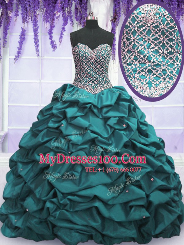 Clearance Sleeveless Floor Length Beading and Sequins and Pick Ups Lace Up Sweet 16 Quinceanera Dress with Teal