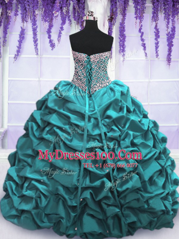 Clearance Sleeveless Floor Length Beading and Sequins and Pick Ups Lace Up Sweet 16 Quinceanera Dress with Teal