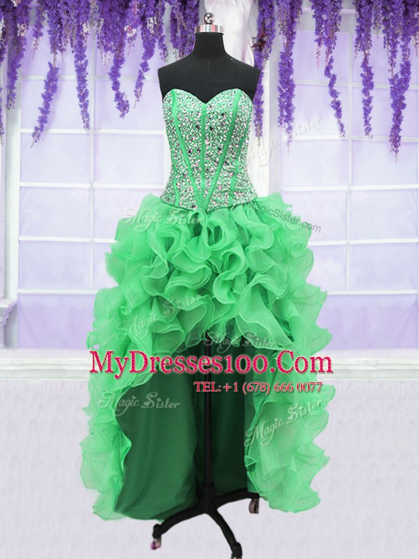 Four Piece Sleeveless Floor Length Beading and Ruffles Lace Up Sweet 16 Quinceanera Dress with Green