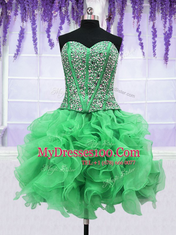 Four Piece Sleeveless Floor Length Beading and Ruffles Lace Up Sweet 16 Quinceanera Dress with Green