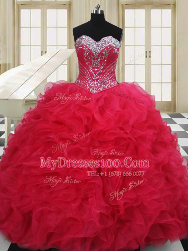 Unique Beading 15 Quinceanera Dress Red Lace Up Sleeveless Floor Length