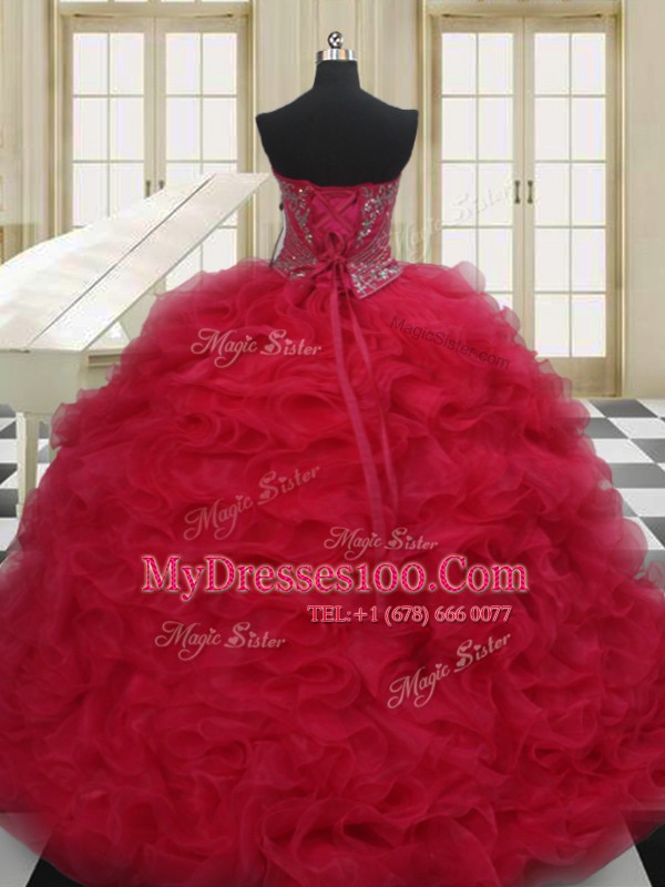 Unique Beading 15 Quinceanera Dress Red Lace Up Sleeveless Floor Length