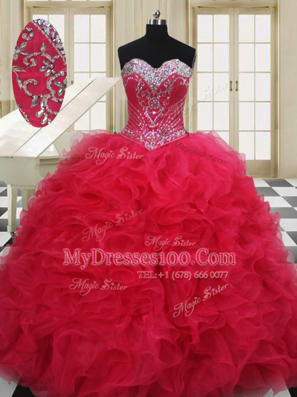 Unique Beading 15 Quinceanera Dress Red Lace Up Sleeveless Floor Length