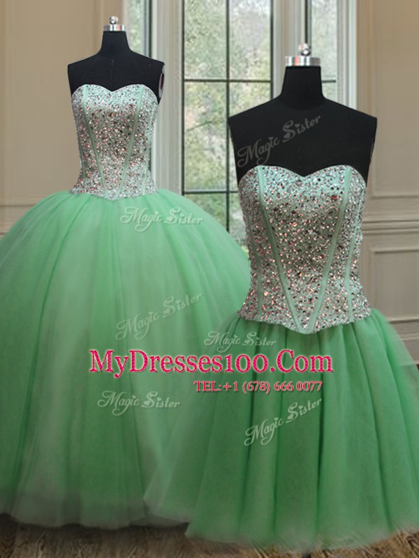 Three Piece Lace Up Sweetheart Beading Sweet 16 Dress Tulle Sleeveless