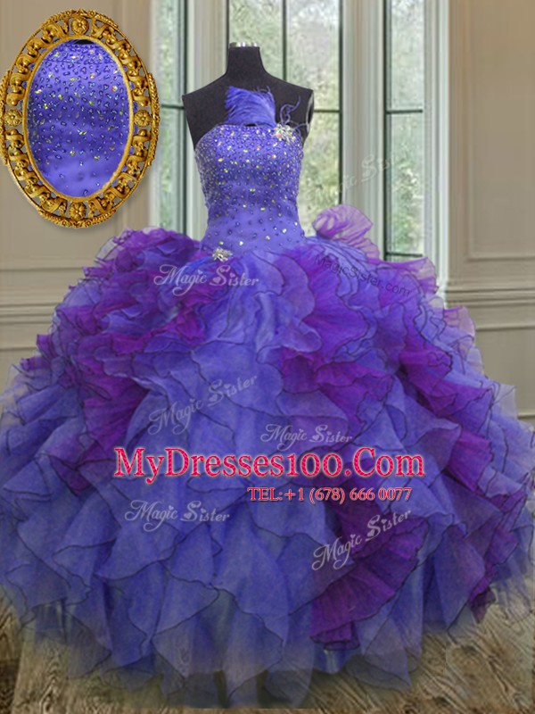 Halter Top Sleeveless Organza Sweet 16 Dress Beading and Ruffles Lace Up