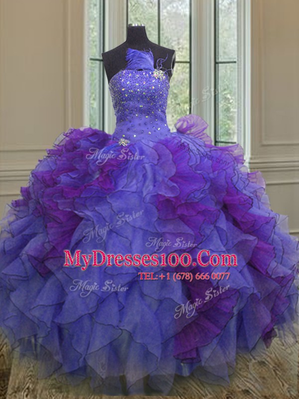 Halter Top Sleeveless Organza Sweet 16 Dress Beading and Ruffles Lace Up
