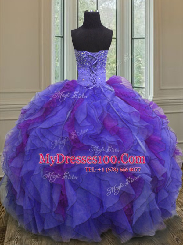Halter Top Sleeveless Organza Sweet 16 Dress Beading and Ruffles Lace Up
