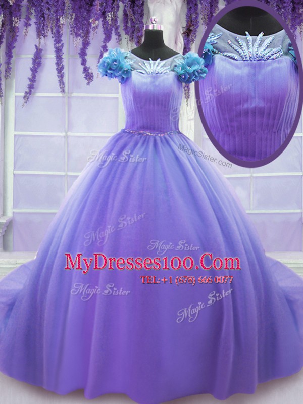 Custom Fit Scoop Lavender Short Sleeves Tulle Court Train Lace Up 15th Birthday Dress for Military Ball and Sweet 16 and Quinceanera