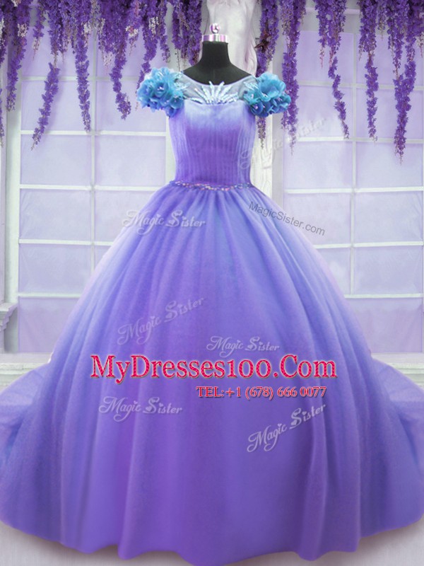 Custom Fit Scoop Lavender Short Sleeves Tulle Court Train Lace Up 15th Birthday Dress for Military Ball and Sweet 16 and Quinceanera