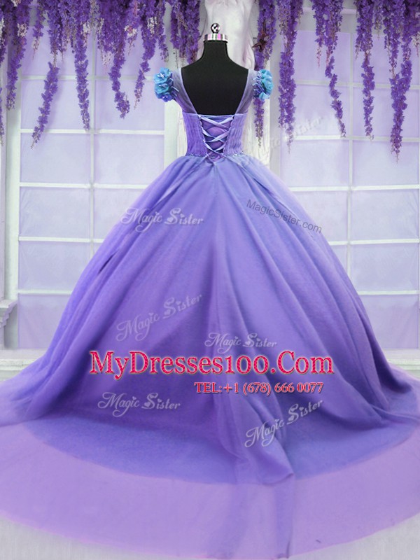Custom Fit Scoop Lavender Short Sleeves Tulle Court Train Lace Up 15th Birthday Dress for Military Ball and Sweet 16 and Quinceanera