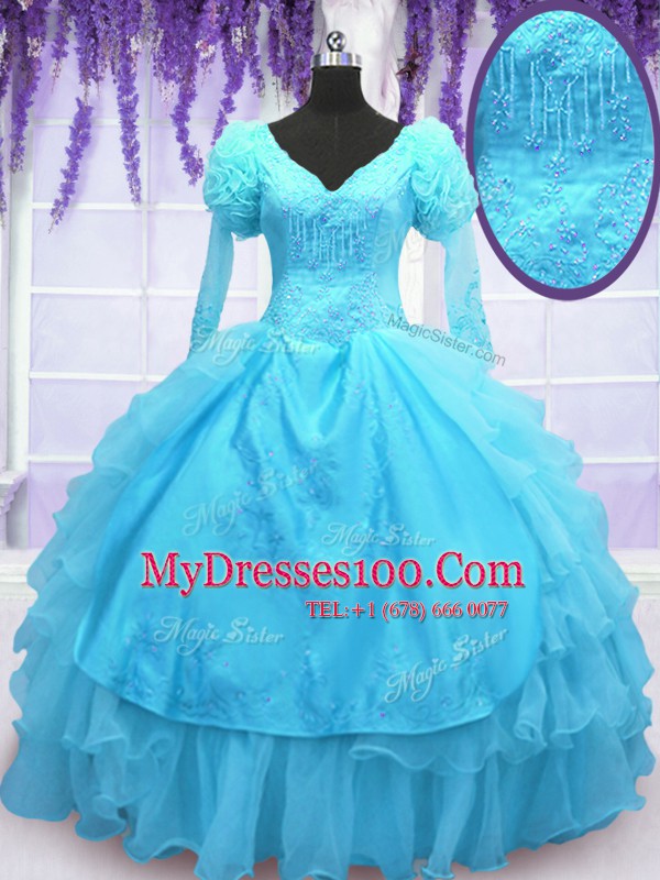 Admirable Long Sleeves Floor Length Lace Up Quinceanera Gowns Baby Blue for Military Ball and Sweet 16 and Quinceanera with Embroidery