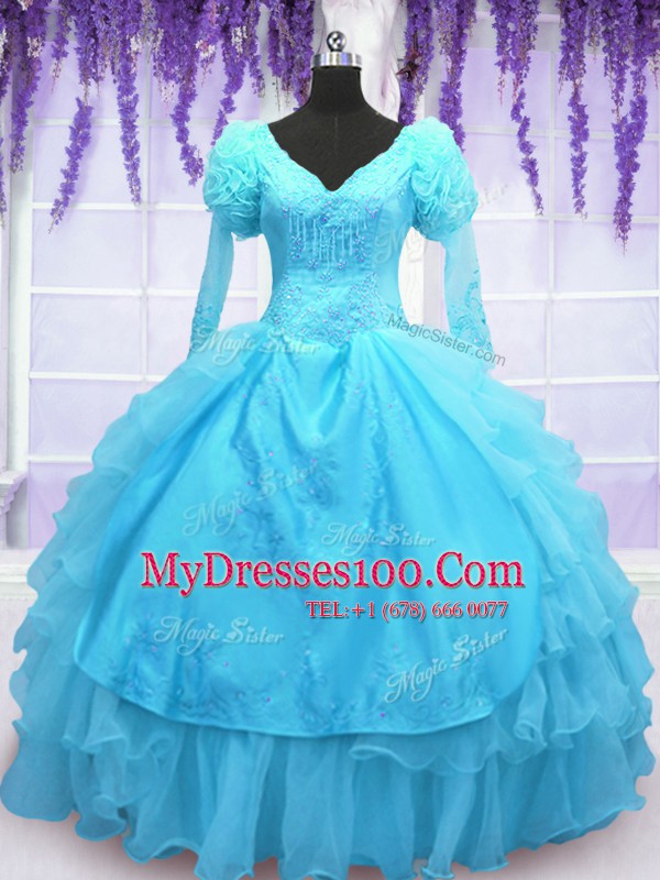 Admirable Long Sleeves Floor Length Lace Up Quinceanera Gowns Baby Blue for Military Ball and Sweet 16 and Quinceanera with Embroidery