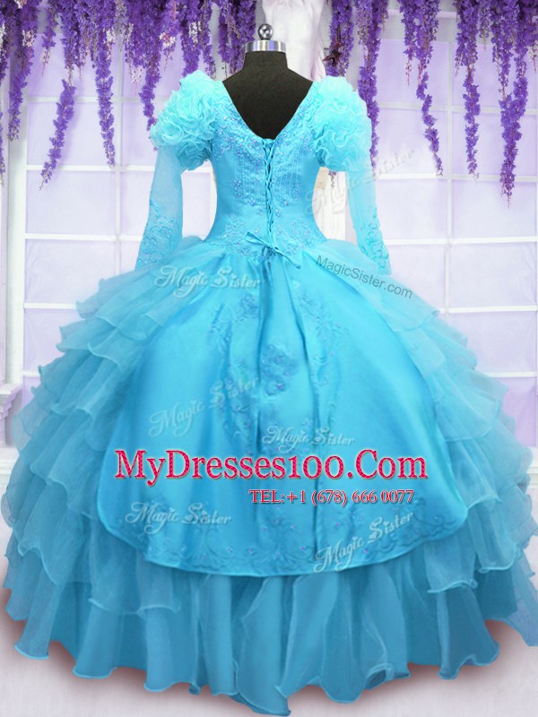 Admirable Long Sleeves Floor Length Lace Up Quinceanera Gowns Baby Blue for Military Ball and Sweet 16 and Quinceanera with Embroidery