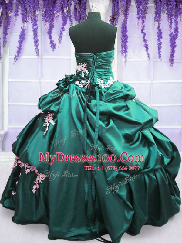 Sleeveless Taffeta Floor Length Lace Up Quinceanera Dresses in Turquoise with Appliques and Pick Ups