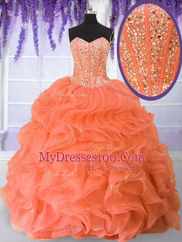 Spectacular Floor Length Lace Up Quinceanera Dress Orange Red for Military Ball and Sweet 16 and Quinceanera with Beading and Ruffles