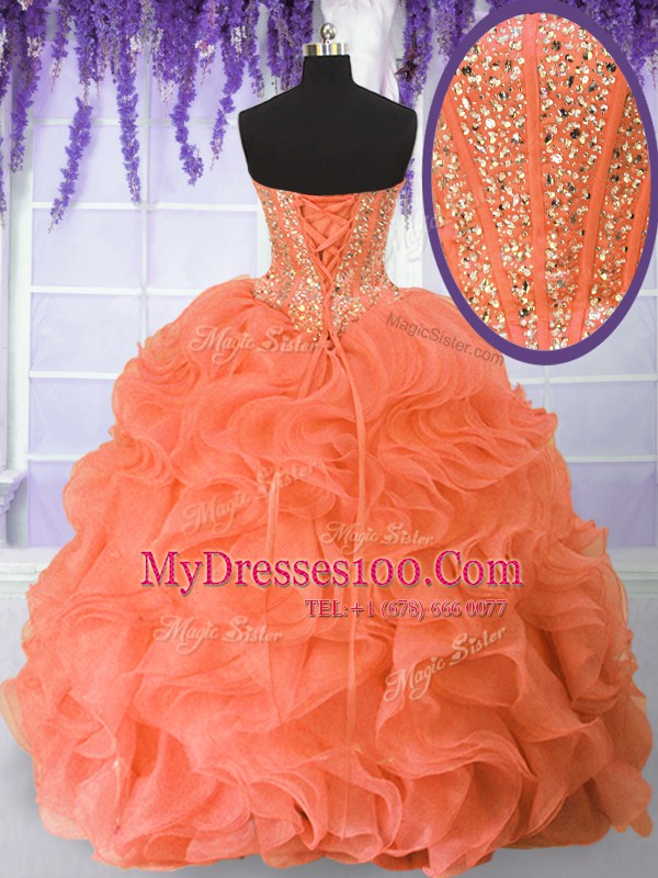 Spectacular Floor Length Lace Up Quinceanera Dress Orange Red for Military Ball and Sweet 16 and Quinceanera with Beading and Ruffles