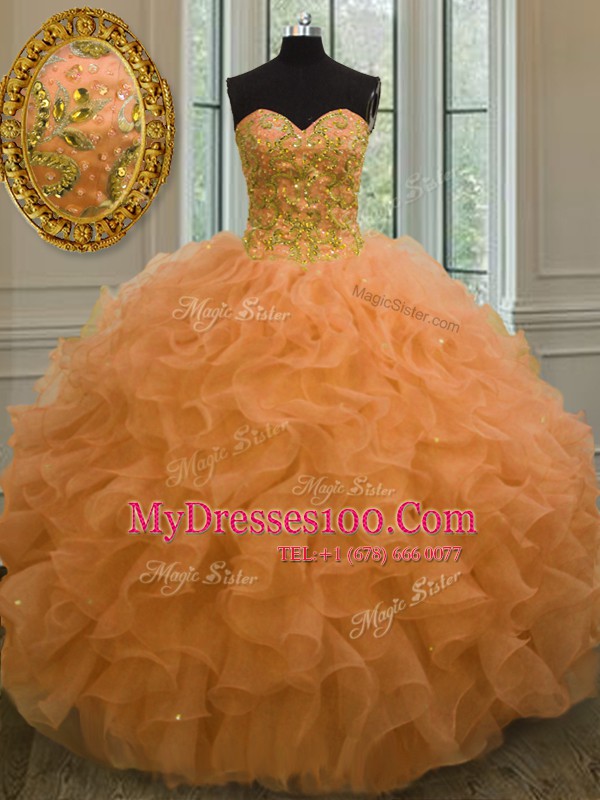 Fitting Orange Sleeveless Beading and Ruffles Floor Length Ball Gown Prom Dress