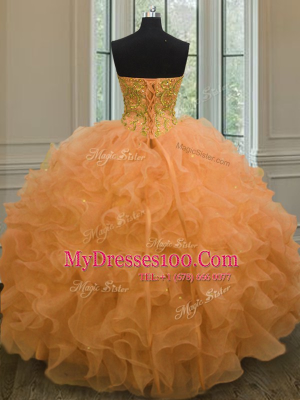 Fitting Orange Sleeveless Beading and Ruffles Floor Length Ball Gown Prom Dress